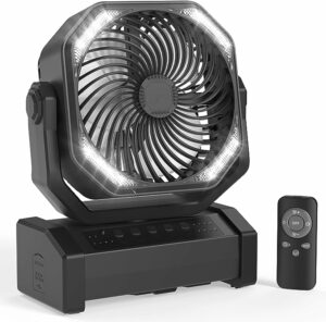 3. 20000mAh Camping Fan with LED Light, Auto-Oscillating Desk Fan with Remote & Hook, Rechargeable Battery Operated