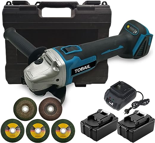 6. TOBAIL Cordless Brushless 18V 125mm Angle Grinder With 2 Li-ion 3A Battery, 5 Disc, Battery Charger Angle Grinder Kit Carrying Case