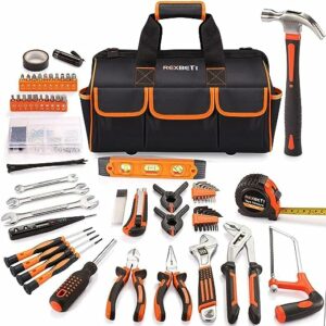 6. REXBETI 169-Piece Premium Tool Kit with 16 inch Tool Bag, Steel Home Repairing Tool Set, Large Mouth Opening Tool Bag with 19 Pockets